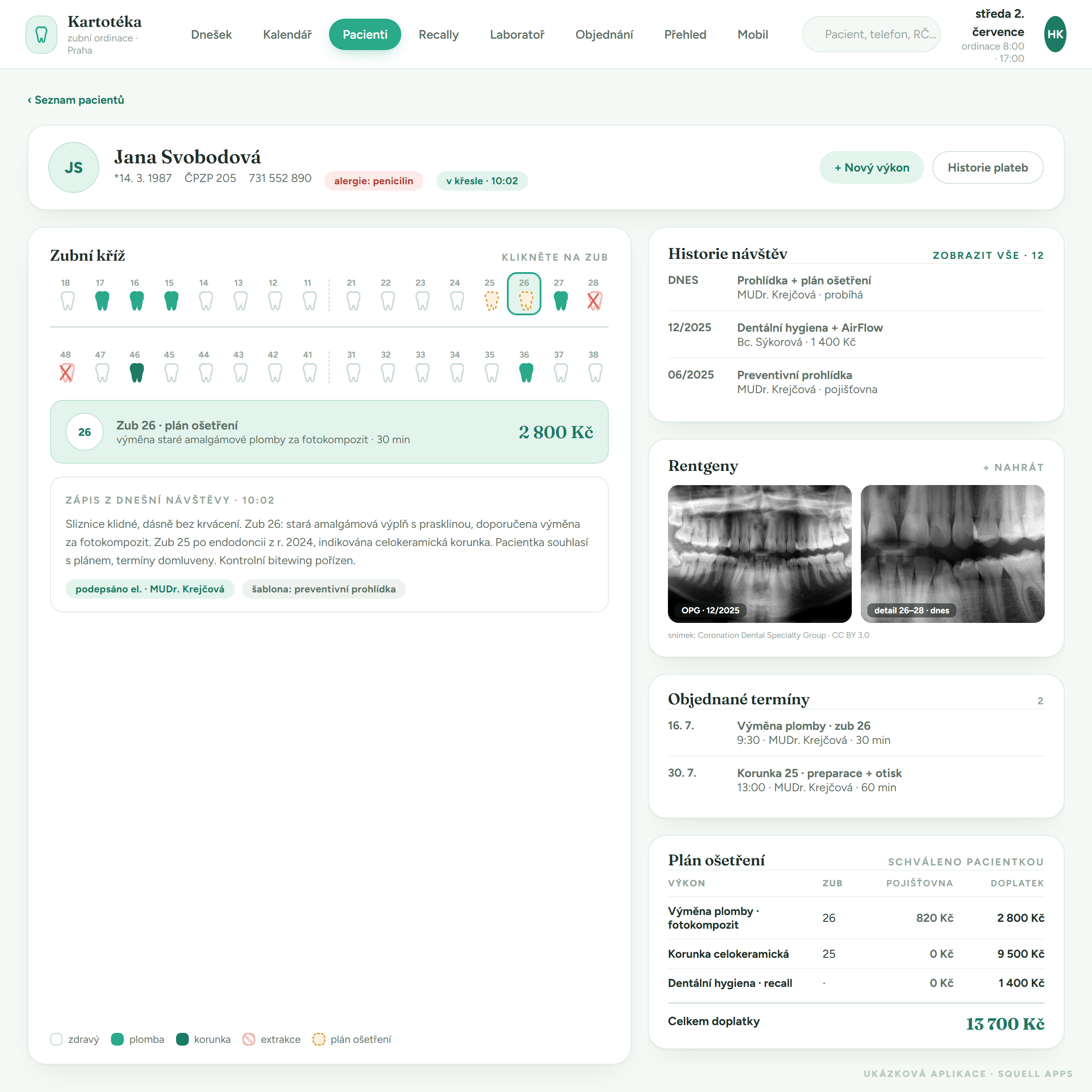 Dental clinic patient records — Patient card · dental chart