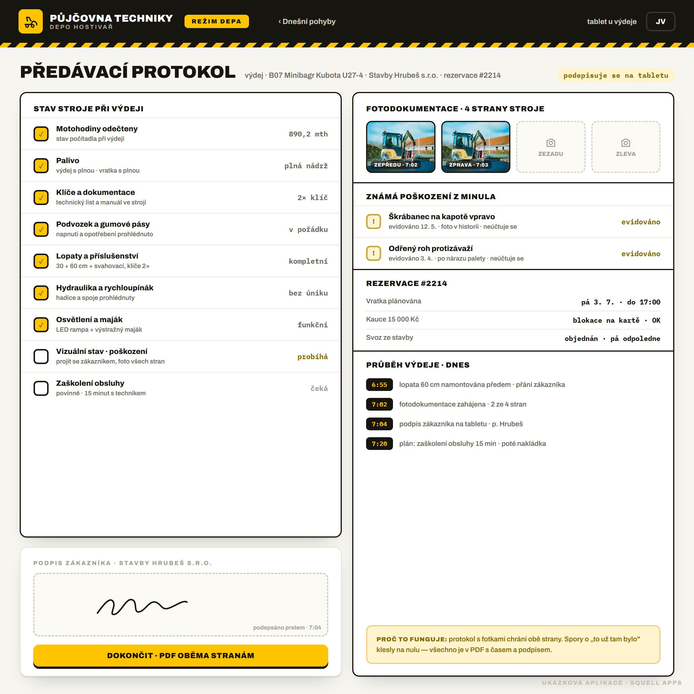 Booking portal for an equipment rental — Handover protocol