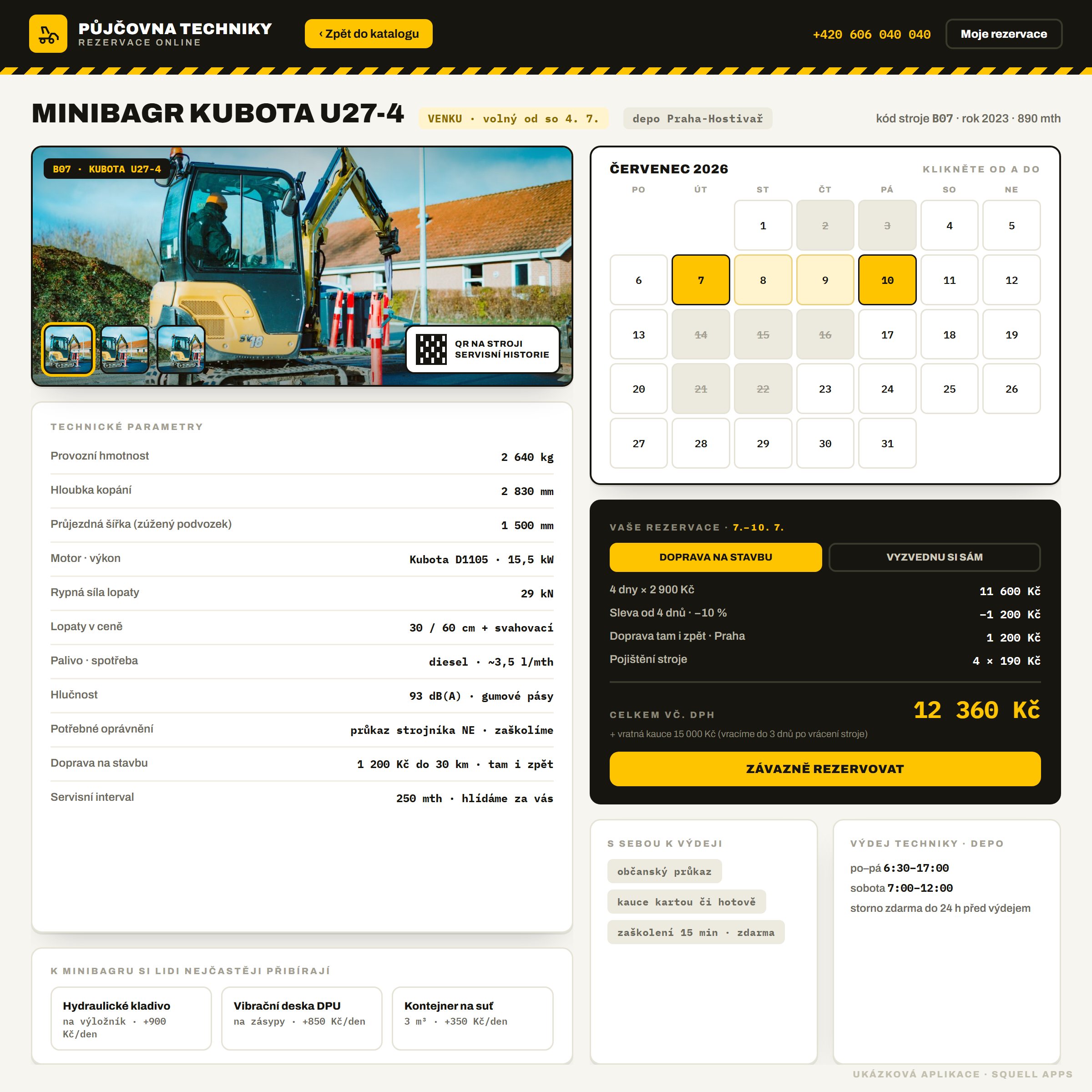 Booking portal for an equipment rental — Machine detail and booking