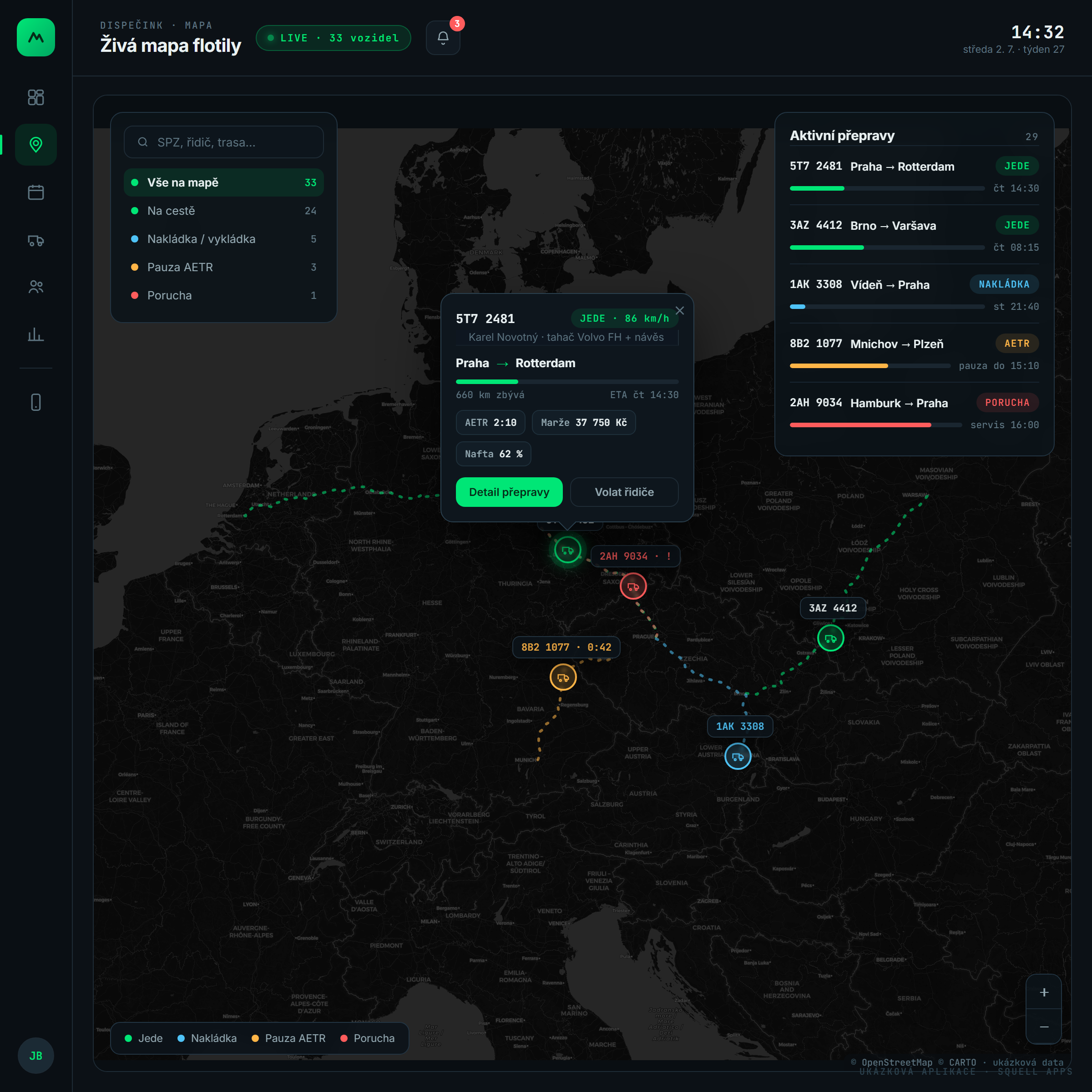 Dispatch control room for a trucking company — Live map of Europe